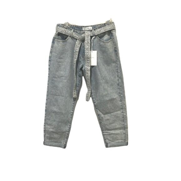 Kancan tapered light wash denim jeans with sparkle belt NWT - Picture 1 of 12